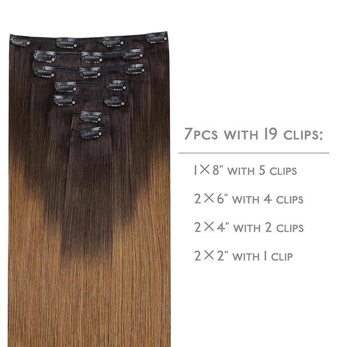 WENNALIFE Clip in Hair Extensions Real Human Hair, 14 Inch 120g 7pcs Human Hair Extensions Clip In Human Hair, Ombre Dark Brown to Light Chestnut Brown Clip In Real Hair Coloured Remy