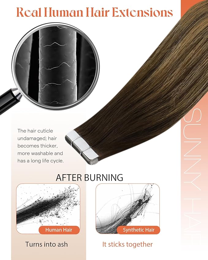 Sunny Hair Tape in Extensions for Women Real Hair 12 inch 60g Tape in Hair Extensions Human Hair Dark Brown Balayage Caramel Blonde Hair Extensions Tape in 40Pcs