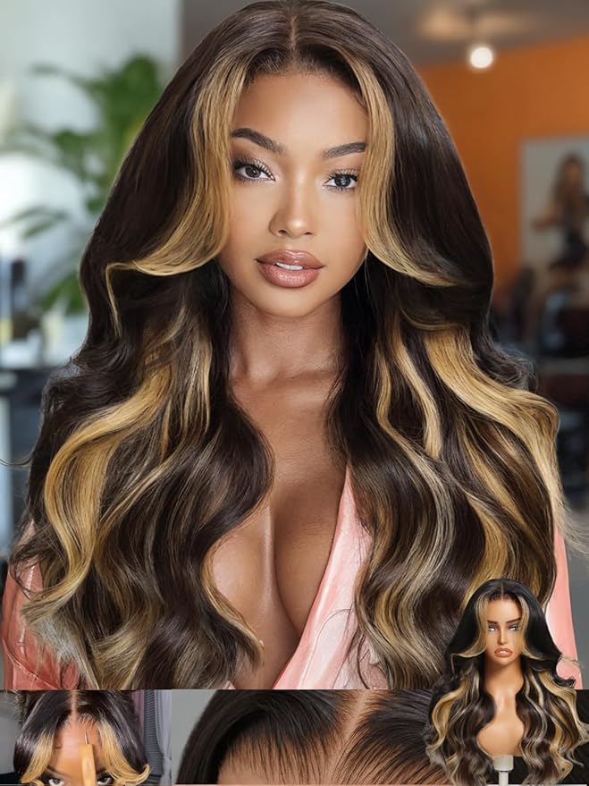 KLAIYI Ombre Highlight Blonde Loose Body Wave Bye Bye Knots Glueless Wigs Human Hair 7x5 Precut Lace Front Pre Plucked Bleached Ready to Wear Go Wig with Face Framing Curtain Bang Caramel Brown 18Inch