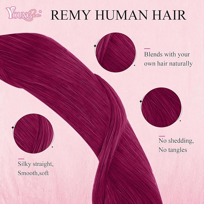 YoungSee Nano Ring Hair Extensions Magenta Nano Human Hair Extensions Burgundy Nanobead Hair Extension Human Hair Colorful Nano Hair-Extension Colored for Role Playing 25s 25g 20inch