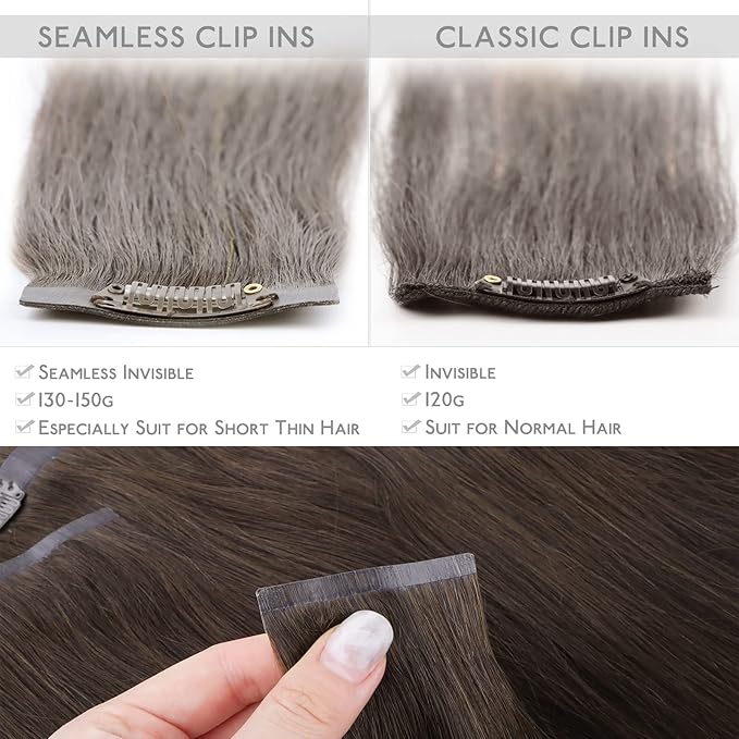 WENNALIFE Seamless Clip In Hair Extensions, 22 Inch 150g 7pcs Light Dark Brown Hair Extensions Clip in Human Hair Invisible PU Skin Weft Natural Remy Human Hair Extensions
