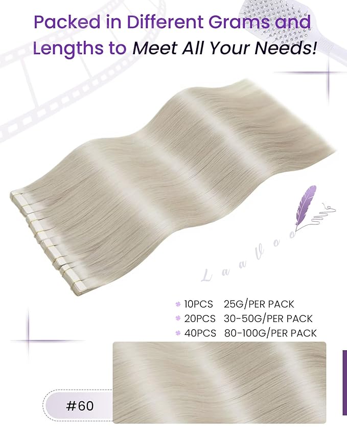 LaaVoo Tape in Hair Extensions Human Hair Platinum Blonde Human Hair Extensions Tape in 20 Inch Invisible 20PC 50G