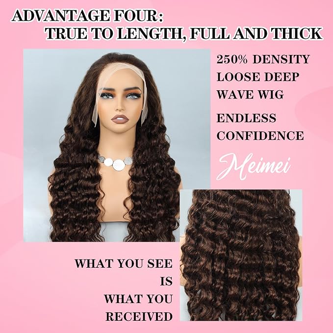 MEIMEI 30 Inch 250% Density HD Full Lace Front Wigs Human Hair Loose Deep Wave Chocolate Brown 15A Grade Real Full Large Lace Space Brown 13x4 Loose Wave Lace Frontal Wigs Human Hair Pre Plucked