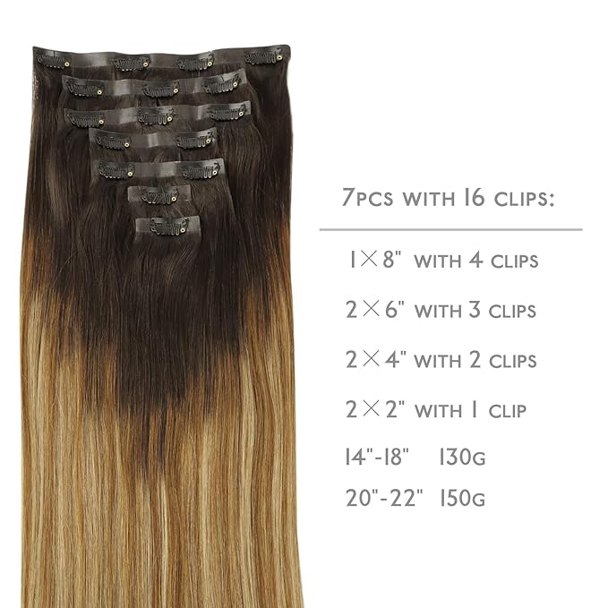 WENNALIFE Seamless Clip In Hair Extensions Human Hair, 12 Inch 80g 7pcs Dark Brown to Chestnut Brown and Dirty Blonde Highlighted Real Hair Extensions Clip in Human Hair Invisible PU Skin Weft Natural