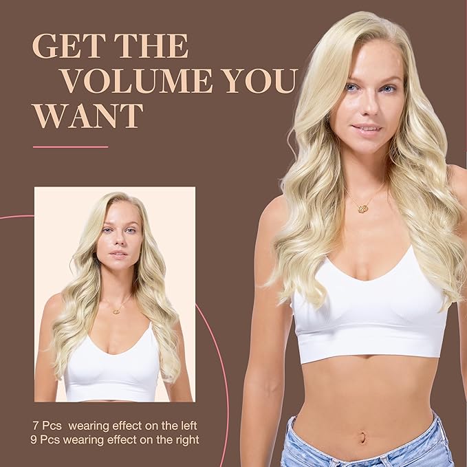 GOO GOO Clip in Hair Extensions Real Human Hair, Remy Human Hair Extensions Clip ins for Women, Natural Human Hair, 24inch 150g 9Pcs, #17A/60A Ash Blonde Highlighted Platinum Blonde