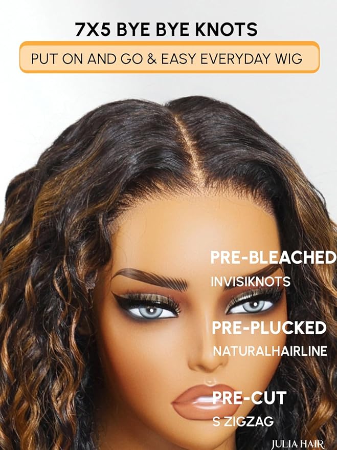 Julia Hair Ombre Brown Water Wave Glueless Wig Human Hair 7x5 HD Lace Closure with Invisible Drawstring Pre Plucked Bleached Highlight Balayage Colored Curly Wigs Put On And Go 22 Inch