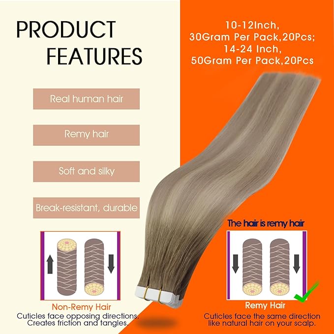 Full Shine Tape in Hair Extensions Color 8 Ash Brown Ombre 60 Blonde And 18 Ash Blonde Hair Extensions Real Remy Hair 16Inch Double Sided Extension 50G Invisible Straight Human Hair 20Pcs for Wedding