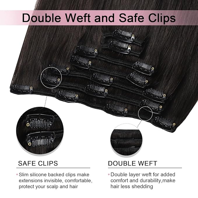 Pro2.0 Clip in Hair Extensions Real Human Hair 22inch 7pcs #1B Natural Black Remy Real Hair Extensions Clip in Human Hair 120g Thick Double Weft（#1B-22inch）