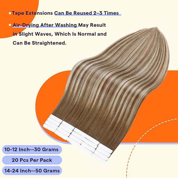 Full Shine Blonde Hair Extensions Tape Ins Color 6/60/6 Real Tape In Extensions Balayage Remy Hair Tape Ins Human Hair Extensions 20Pcs 50G Tape in Extensions Straight Soft Hair for Women 14 Inch