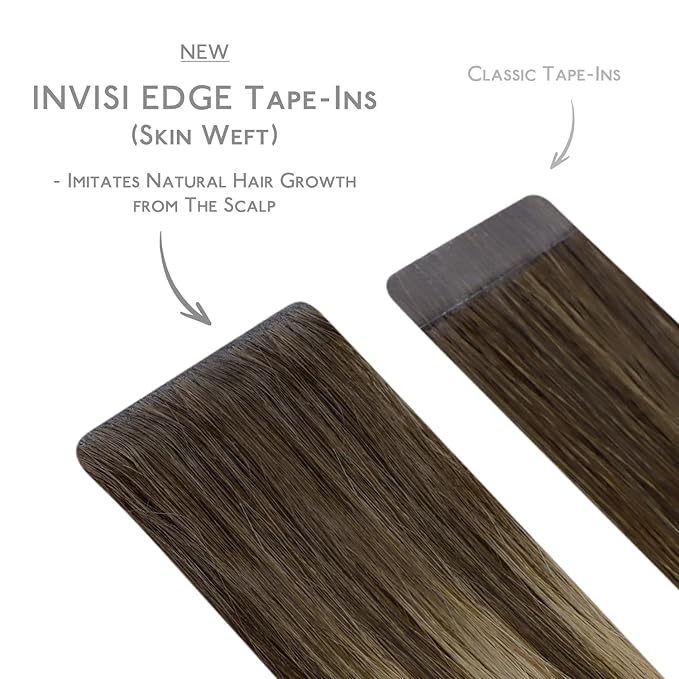 WENNALIFE Invisi Edge Tape in Hair Extensions Human Hair, 16 Inch 25g 10pcs Balayage Chocolate Brown to Caramel Blonde Invisible Luxury Remy Hair Extensions Seamless Injected Straight Extensiones