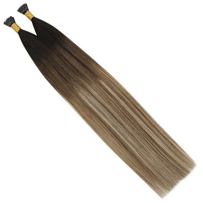 YoungSee Itip Hair Extensions Brown Balayage 14 Inch I Tip Hair Extensions Human Hair Dark Brown Ombre Medium Brown with Blonde Itip Hair Extension Real Human Hair Short Straight Hair 80s 50g