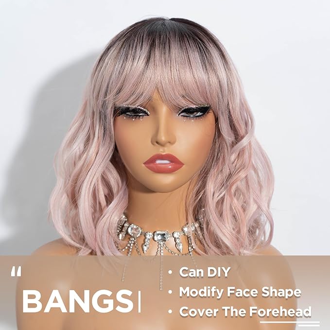 NOBLE Pink Wig with Bangs Short Ombre Pink Bob Wigs for Women Colorful Short Wavy Wigs Heat Resistant Synthetic Bob Wigs with Dark Roots for Daily Party Use