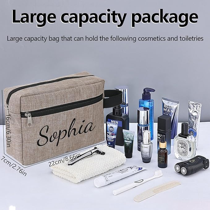 Personalized Toiletry Bag for Men, Embroidered Name Mens Toiletry Travel Bag, Waterproof Canvas Shaving Bag with Large Capacity, Custom Men Hanging Toiletries Bag for Traveling (Khaki)
