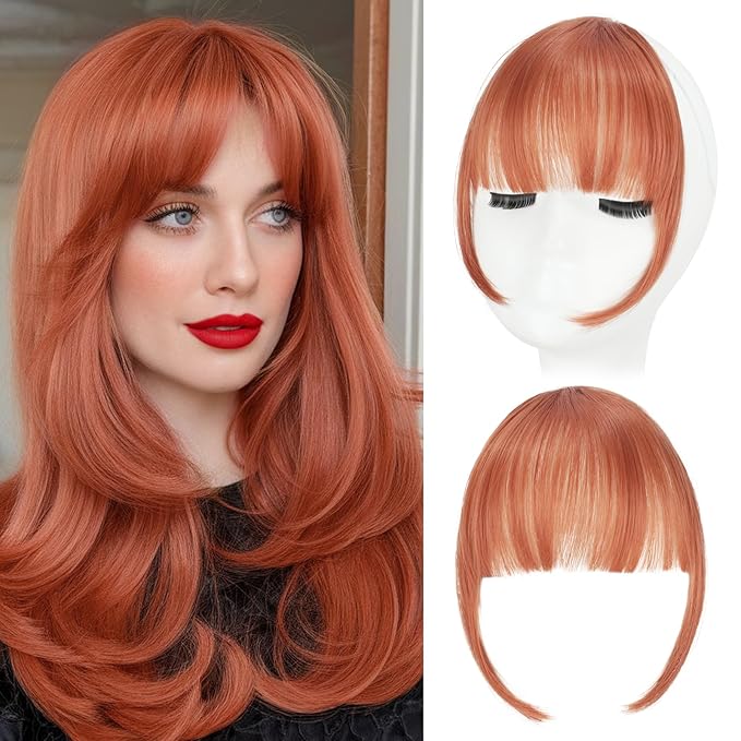 Clip in Bangs, Synthetic Wispy Bangs Hair Clip, Copper Red Fake Bangs Fringe with Temples Hairpieces for Women Natural Curved Hair Extensions for Daily Wear