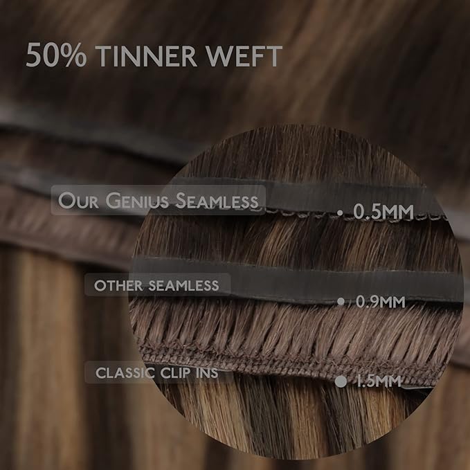 WENNALIFE Lace Seamless Clip in Hair Extensions Human Hair 7pcs Ultra Invisible 50% Thinner Seamless Clip Ins Balayage Dark Brown Mixed Chestnut Brown Natural Remy Hair 14 inch
