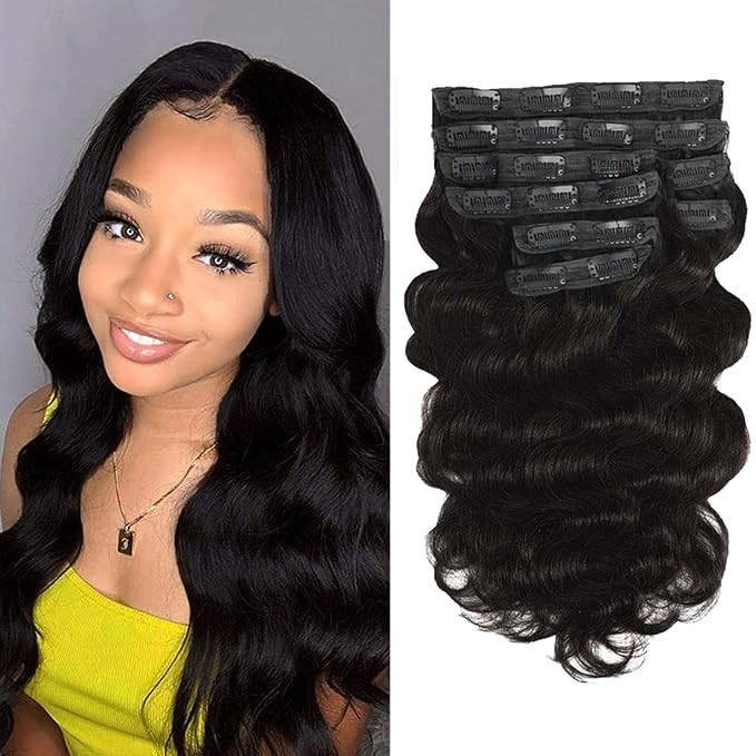 Body Wave Brazilian Clip in Hair Extensions Human Hair 8Pcs Remy Hair Extensions Clip ins for Black Women with 20 Clips 110g (12 Inch, Natural Black)