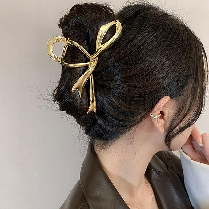 Gold Ribbon Bow Hair Clips - Alloy Non-Slip Claw Clips with Strong Hold Grip for Thick, Thin Hair Accessories (1Pcs)