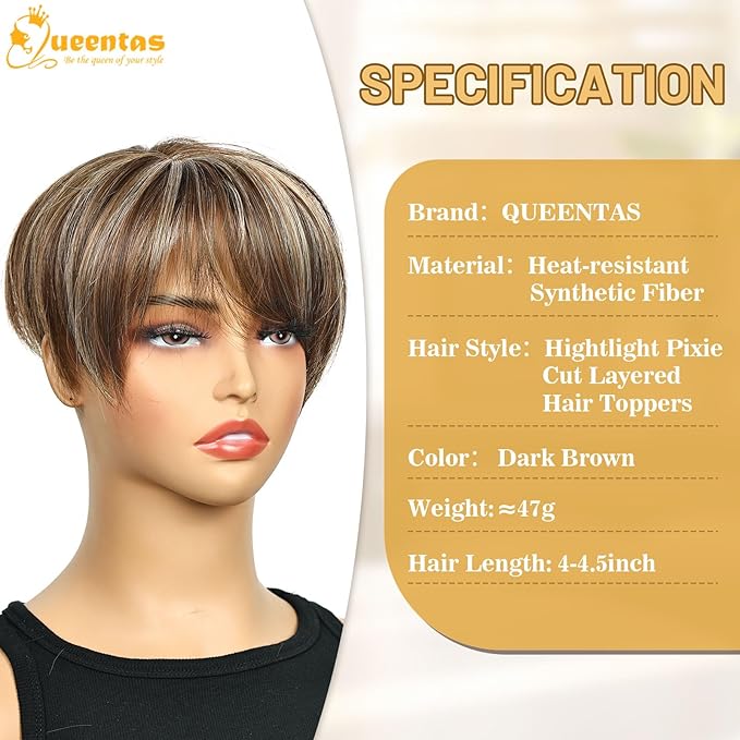 QUEENTAS Short Hair Toppers for Women with Thinning Hair Large Full Coverage with 5 Clips Hair Pieces Wispy Bangs(Brown Highlight Blonde)
