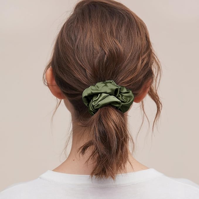 LILYSILK Silk Hair Scrunchies/Ties for Frizz & Breakage Prevention, 100% Mulberry, No Damage, Elastic ponytail Holders, 1Pc, Olive Green