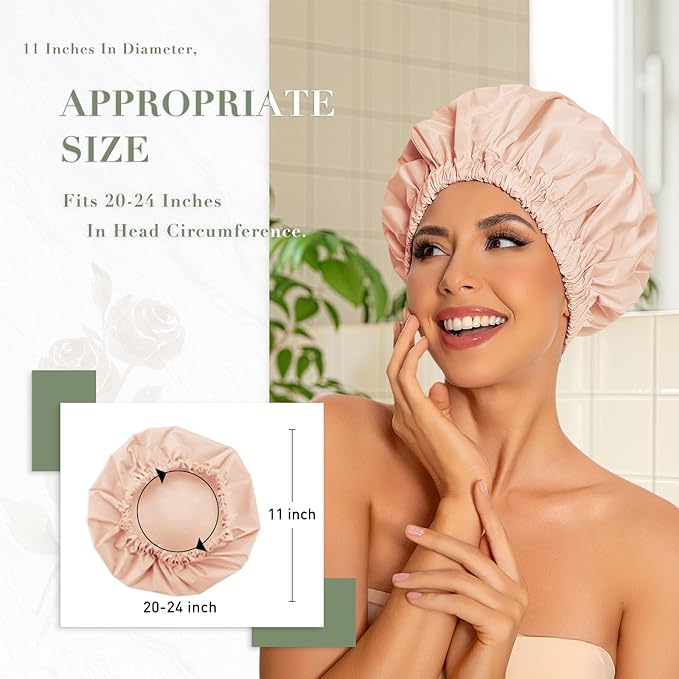 Reusable Shower Cap for Women, Large Waterproof Shower Bonnet Washable Elastic Band Bath Accessories Hair Hat for Long Hair, Braids(Beige)