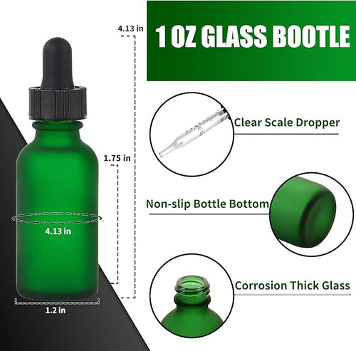 12 Pcs, 1oz Glass Dropper Bottle, Leakproof Tincture Bottles with Dropper, Green Reusable Eye Dropper Bottle, Preety Frosted Texture, for All Kinds of Liquids (Green-Frosted, 1oz-12pcs)