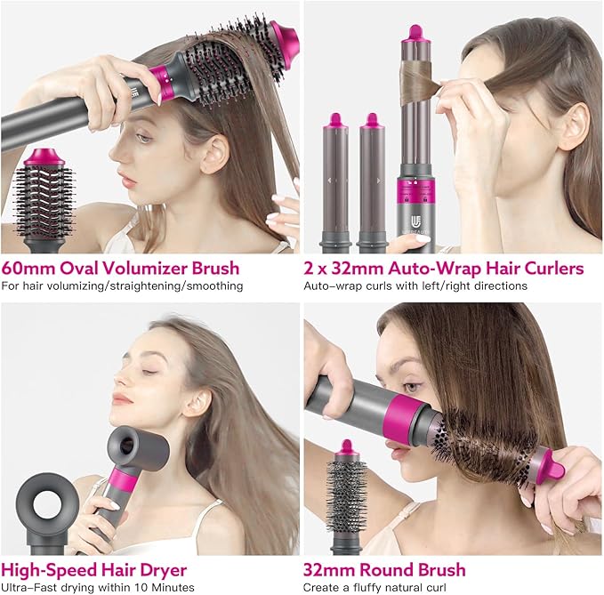 5 in 1 Hot Air Brush Hair Dryer Air Styler - 110,000 RPM Fast Drying, Curling, Straightening with Ceramic Coating & Negative Ion, No Heat Damage for All Hair Types, Includes Travel Case (Red)