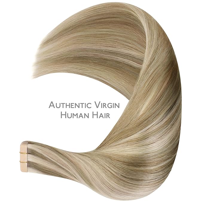 WENNALIFE Tape in Hair Extensions Human Hair Ash Brown with Platinum Blonde Highlights Tape in Extensions, 10pcs 25g 16 inch Remy Invisible Tape Ins Straight Colored Soft Refill Set