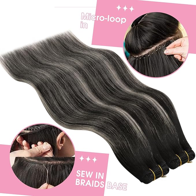 YoungSee Sew in Hair Extensions Real Human Hair Ombre Black Human Hair Extensions Sew in Black Ombre Silver Balayage Soft Hair Weft Extensions for Women 18Inch 100G