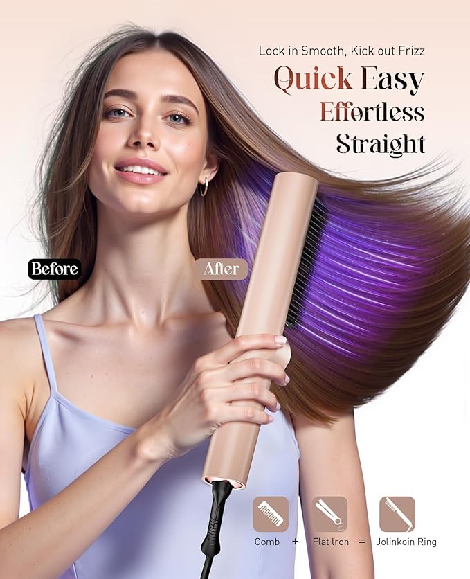 Hair Straightener Brush: Ionic Hair Straighteners for Women with 15 Temps, Straightening Brush Fast Heating with LED Display & Dual Voltage, Gold