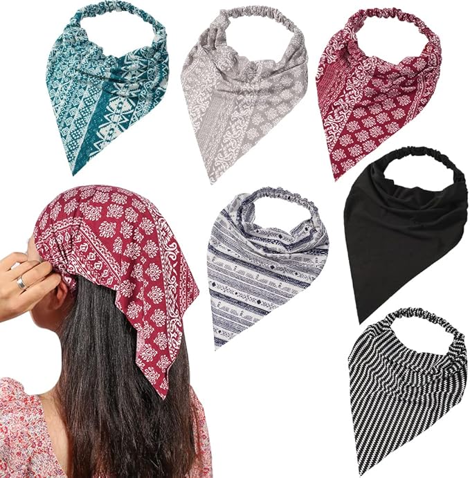 6 Pack Hair Scarf Headband for Women Elastic Bandana Head Scarf Large Boho Triangle Kerchief with Clips Non Slip Scarves
