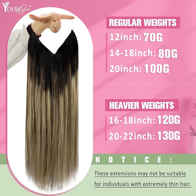 YoungSee 130G Wire Hair Extensions Real Human Hair Brown Balayage Human Hair Wire Extensions Dark Roots to Medium Brown with Blonde Headband Hair Extensions for Women 20In