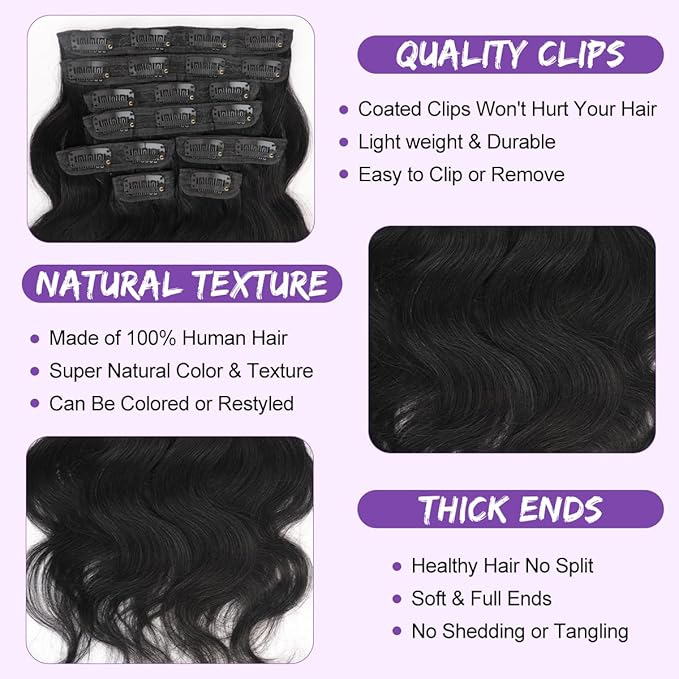 Body Wave Brazilian Clip in Hair Extensions Human Hair 8Pcs Remy Hair Extensions Clip ins for Black Women with 20 Clips 110g (20 Inch, Natural Black)