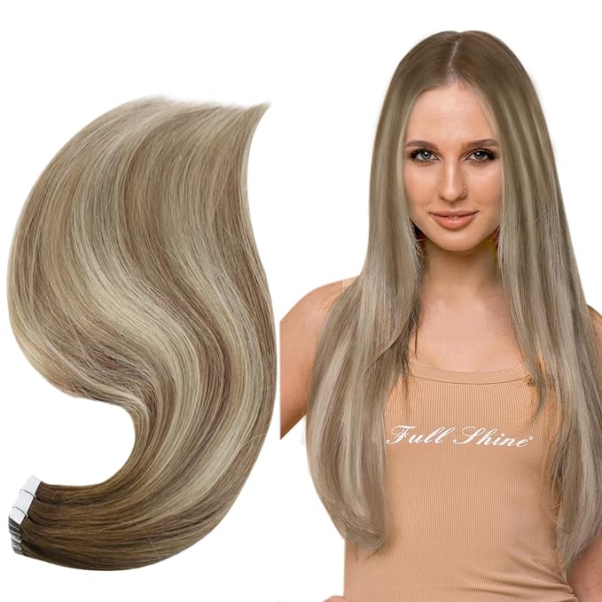 Full Shine Hair Extensions Tape in Color Dark Brown 3 Fading to 8 and 22 Blonde Tape in Hair Extensions 12Inch Invisible Skin Weft Human Hair Tape in Extensions 20Pcs 30Gram Add Volume