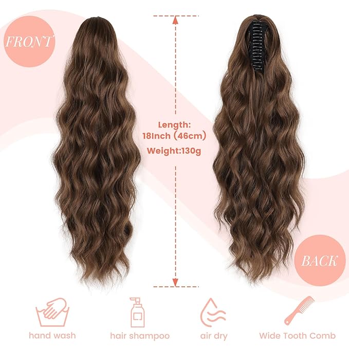 18" Ponytail Extension, Claw Clip Ponytail Extensions for Women Wavy Pony Tails Hair Extensions Fluffy Natural Looking Synthetic Hairpiece for Daily Use (Light Auburn Brown)