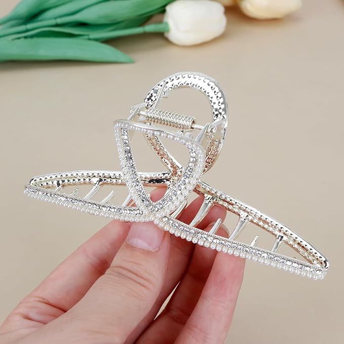 Metal Hair Claw Clips Big Diamond and Pearl Hair Claw Clamps 4.5" Big Butterfly Claw for Women and Girls Hair Accessories for Long Thick/Thin Hair 1 Pcs（Diamond&Pearl）