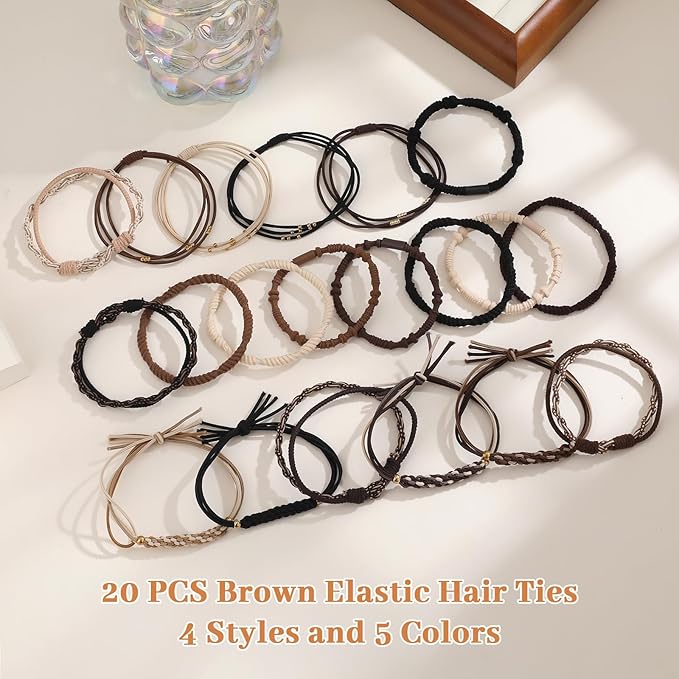 20 PCS Boho Hair Ties, Bracelets Hair Ties for Thick or Thin Hair, 5 Styles Boho Ties for Ponytail Holders, 2.36’’ Hair Ties No-Damage, Christmas Gifts, Neutral Color