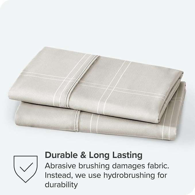 Bare Home Microfiber Pillow Cases - Standard/Queen Size Set of 2 - Cooling Pillowcases - Double Brushed - Pillowcases 2 Pack - Easy Care (Standard, Modern Plaid – Stone/White)