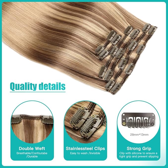 SURNEL Human Hair Clip in Extensions Golden Brown to Honey Blonde Clip in Hair Extensions 18inch 6pcs 120g (#10/27/27,18'')