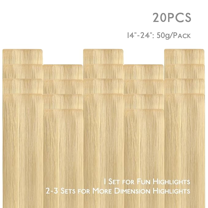 WENNALIFE Invisi Edge Tape in Hair Extensions Human Hair, 22 Inch 50g 20pcs Light Blonde Highlighted Golden Blonde Invisible Luxury Remy Hair Extensions Natural Seamless Injected Tape Ins Straight