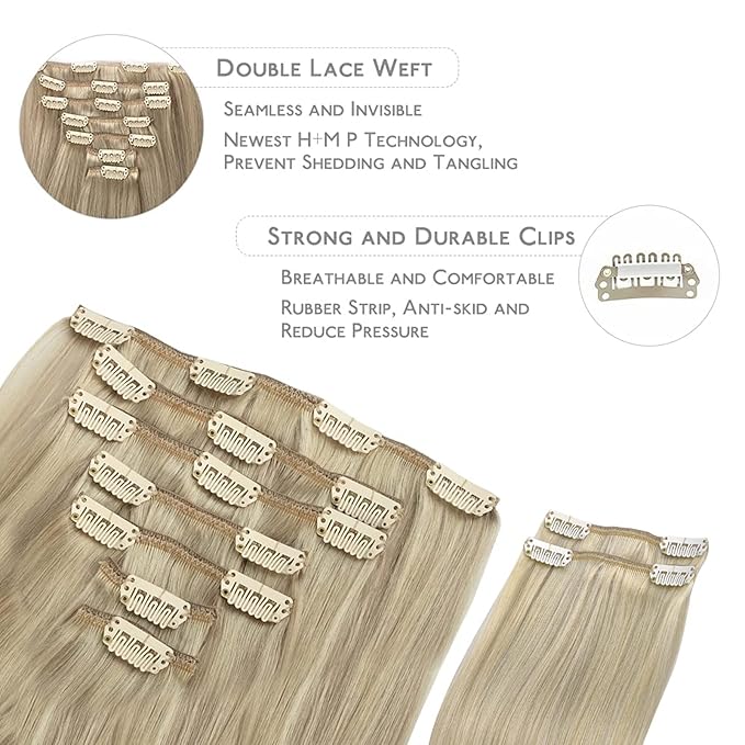 WENNALIFE Clip in Hair Extensions, 150g 18 Inch 9pcs Ash Blonde to Golden Blonde and Platinum Blonde Human Hair Extensions Thicker Clip in Hair Extensions Real Human Hair Clip Set Double Weft