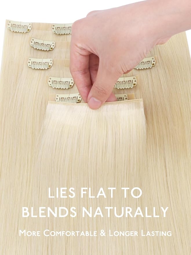 WENNALIFE Genius Seamless Clip in Hair Extensions Real Human 16 inch 120g 7Pcs Platinum Blonde Hair Extensions Clip Ins Luxury Remy De Cabello Humano Straight Invisible Fuller Reusable