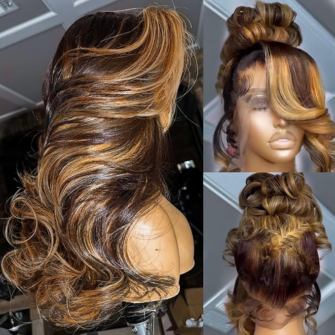 AMIRTY 250 Density 360 Lace Front Wigs Human Hair Pre Plucked Honey Blonde Body Wave Lace Front Wig with BabyHair Full 360 Glueless HD Transparent Lace Front Human Hair Wigs for women 28 Inch