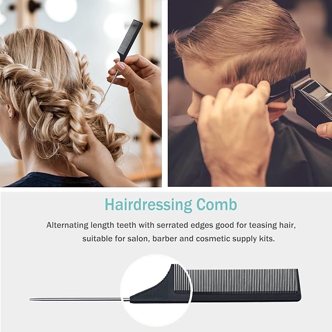 MODENGKONGJIAN 6 Packs Hair Rat Tail Combs Parting Rattail Combs Carbon Fiber Heat Resistant Teasing Combs with Stainless Steel Pintail for Women,Girls