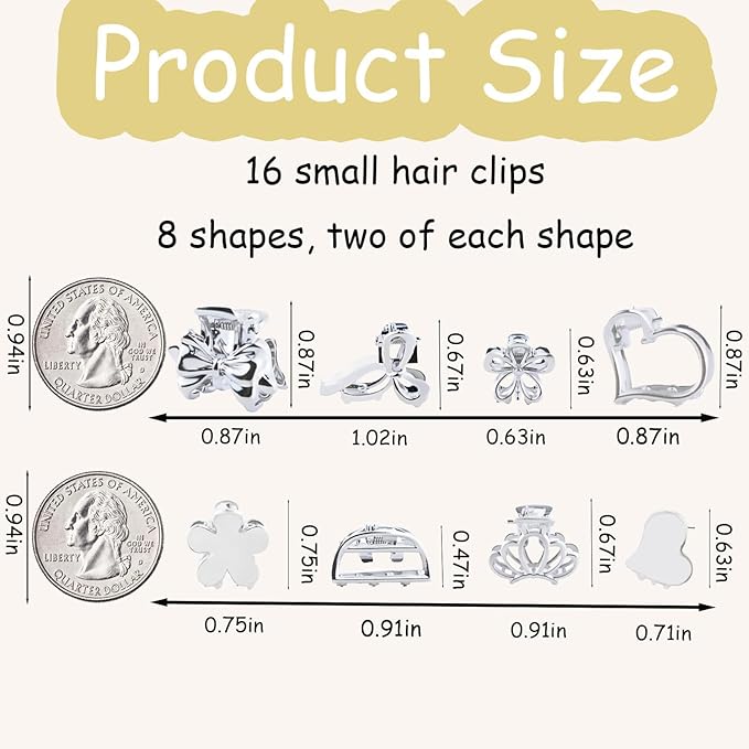 16Pcs Mini Metal Hair Claw Clips for Women, Gold Silver Small Bangs Claw Clips for Long Thin Hair, Tiny Cute Flower Barrettes(Silver)