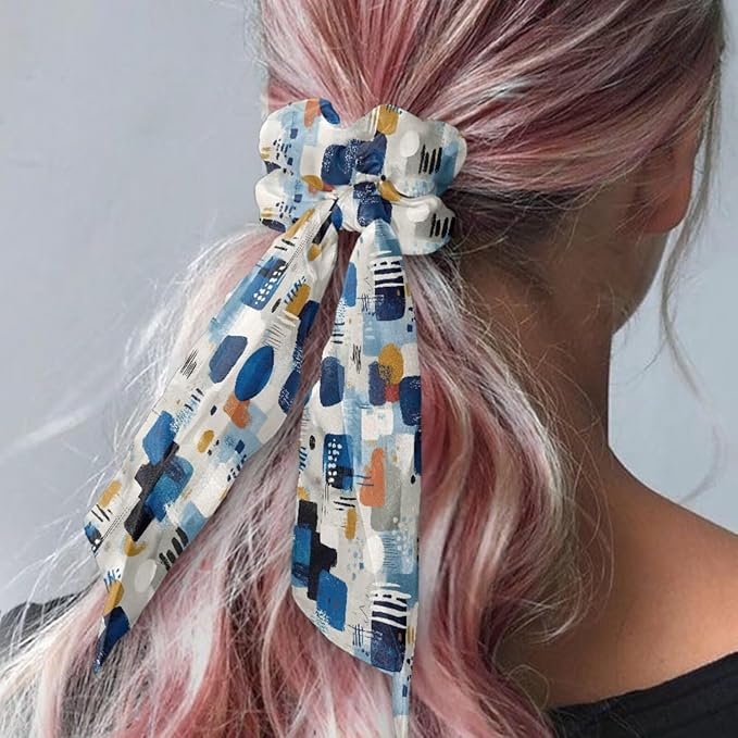 Abstract Art Hair Scarf Scrunchies for Women Pack of 2 Geometry Elastic Hair Band with Ribbon Soft Knotted Scrunchy Fashion Accessories