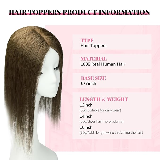 Hair Toppers for Women Real Human Hair, Dark Brown Wiglets Hairpieces for Thinning 360° Human Toppers for Women Add Volume 14inch 6x7inch Large Base (#4Topper-14inch)