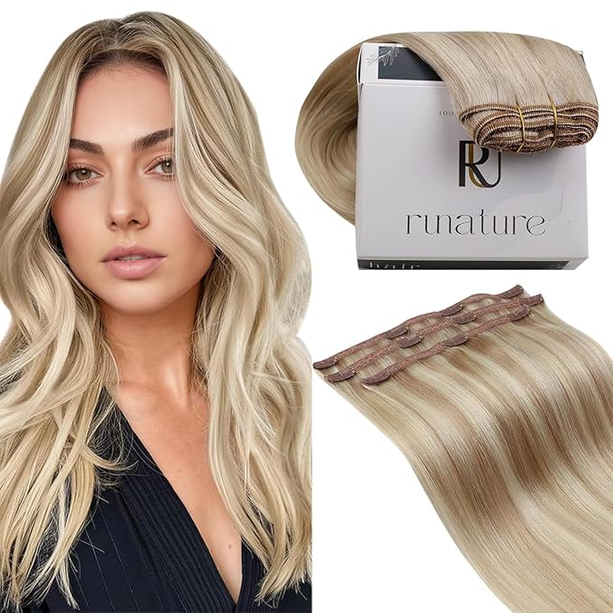 RUNATURE Clip in Hair Extensions Real Human Hair, Hair Extensions Clip ins Blonde, Straight Short Human Hair, Natural Looking, 10 Inch 50g 3pcs #18P60 Ash Blonde Highlights