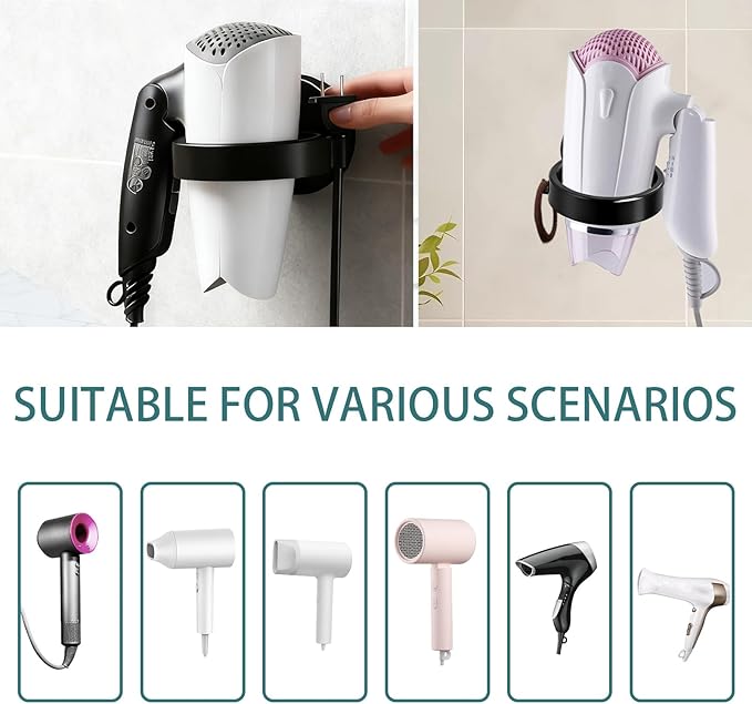 Hair Dryer Holder with Hook, Wall Mounted Bathroom Blow Dryer Storage Stand Self Adhesive Mount Hairdryer Hanger Rack Organizer for Salon Barber Shop Cabinet Hair Care Styling Tools (Black)