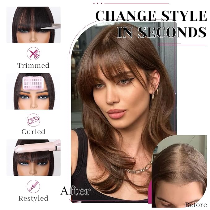 VERNA Hair Toppers for Women Real Human Hair 360°3D Cover Bangs Hair Clip,100% Real Human Medium Brown Clip in Bangs,Hairpieces for Daily Wear(5 * 9.5)