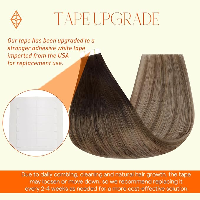 Full Shine 18Inch Tape in Hair Extensions Color 2 Ombre 6 and 18 Ash Blonde Highlighted Tape in Hair Extensions Human Hair 20Pcs 50G Invisible Skin Weft Hair Extensions Tape in Balayage Straight Hair